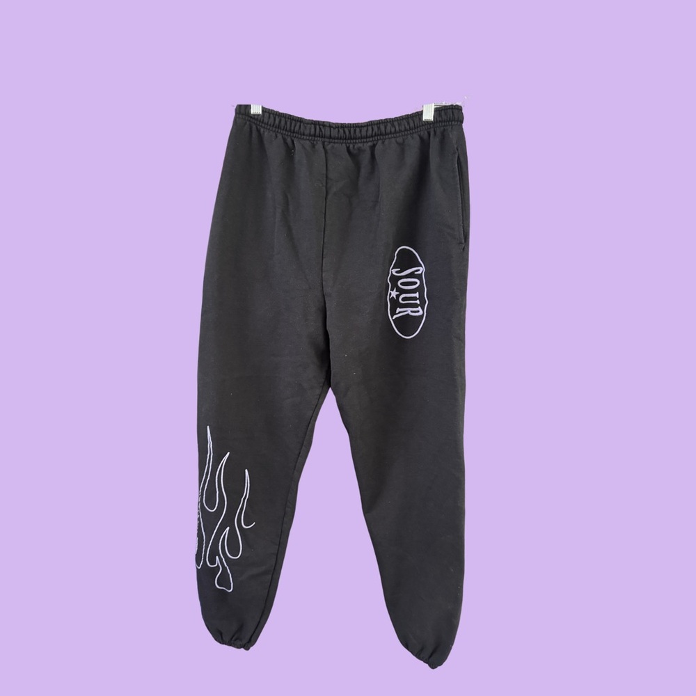 Olivia Rodrigo Black Jogger Sweatpants with White 'SOUR' & Flame Graphics